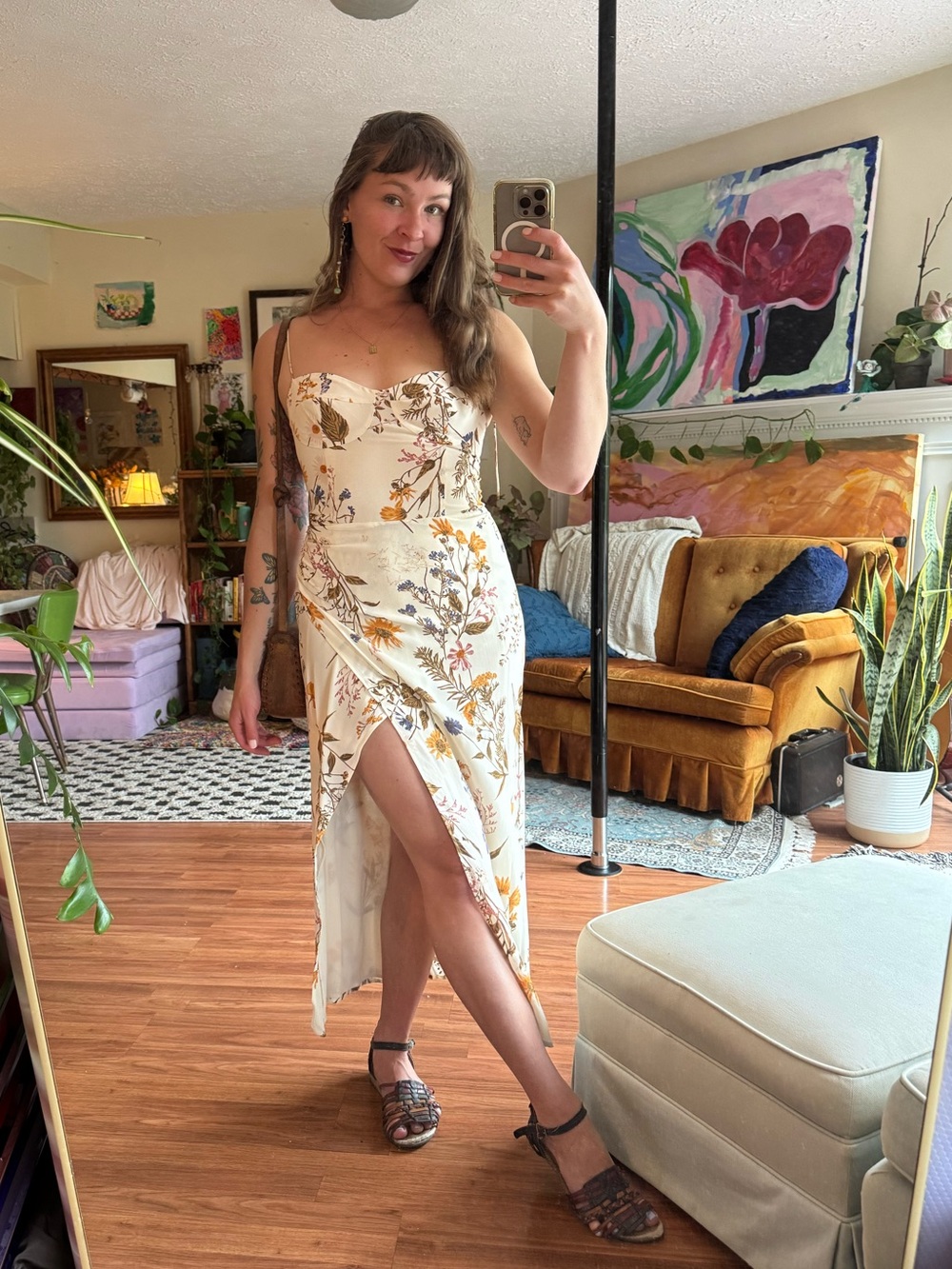 Reformation Floral Tie-Shoulder Maxi Dress in Cream with Mustard & Blue